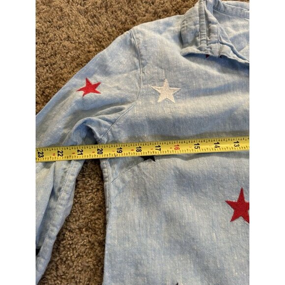 JOHN MARK 100% Linen Embroidered Navy Red White Stars Button Front Knot Boho S - Picture 9 of 9